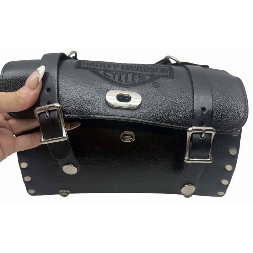 Harley-Davidson Black Leather Barrel Bag Purse Handbag w/ Shoulder Strap - Picture 9 of 16